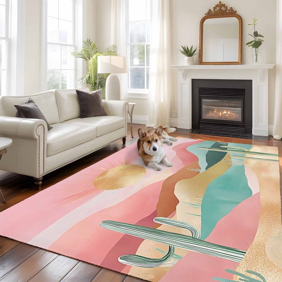 Southwest Boho Area Rug 5x8 FT, Non Slip Bedroom Throw Carpet, Abstract Watercolor Cactus Mountain Washable Soft Floor Carpet Non-Shedding Rug for Living Room Nursery Dorm Office