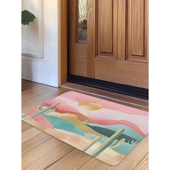 Southwest Boho Door Mat Indoor Outdoor Entrance, Non Slip Small Rug for Kitchen Bathroom Entryway Rug, Abstract Watercolor Cactus Mountain Washable Doormat Floor Mat for Office 18x30 Inch