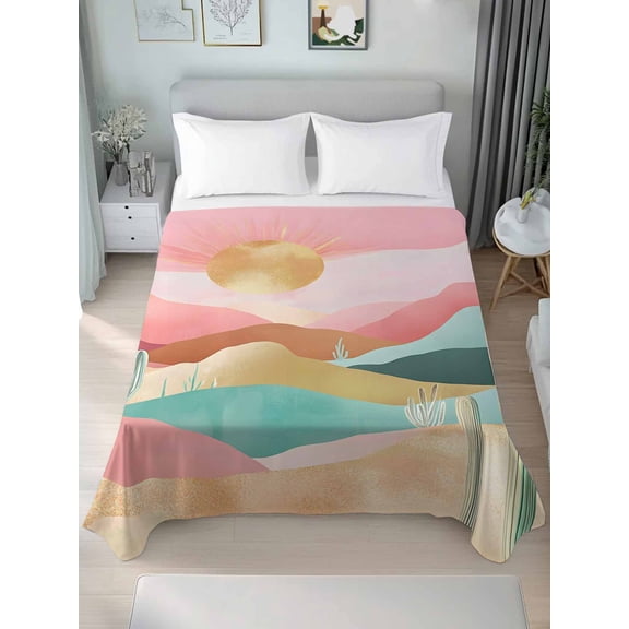 Southwest Boho Full Size Flat Sheet, Wrinkleproof & Fadeproof Cooling Flat Bed Sheet Only, Abstract Watercolor Cactus Mountain Breathable Soft Bedding Top Sheets 81 x 96 Inches