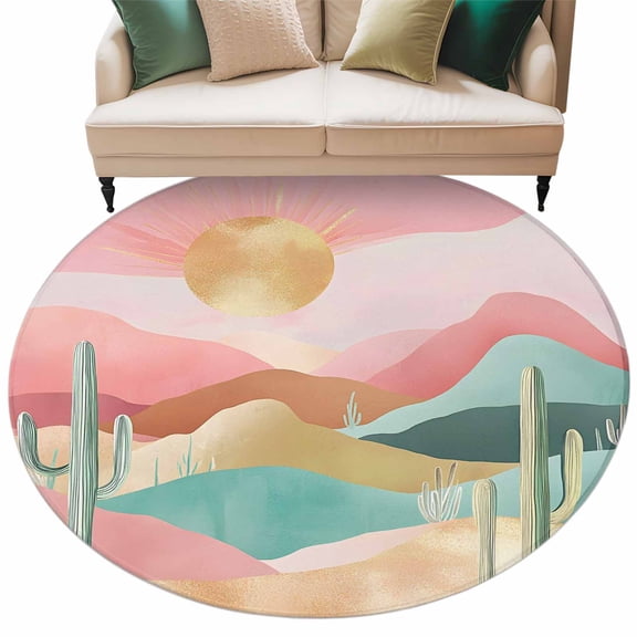 Southwest Boho Large Area Rugs for Bedroom Living Room, Soft Non Slip Carpet Bedside Rug, Abstract Watercolor Cactus Mountain Round Floor Cover Kitchen Accent Rug 8' for Dining Room/Office