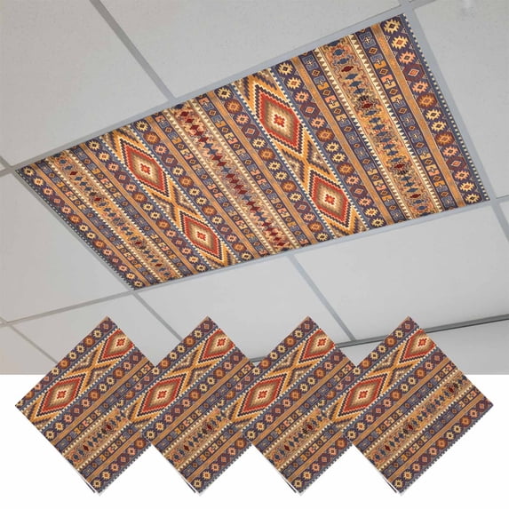 Southwest Boho Magnetic Fluorescent Light Covers for Ceiling Lights 2x4Ft,Retro Farmhouse Abstract Geometric Striped Office Classroom Kitchen Drop Ceiling Light Covers Filters Shade Panel 4Packs