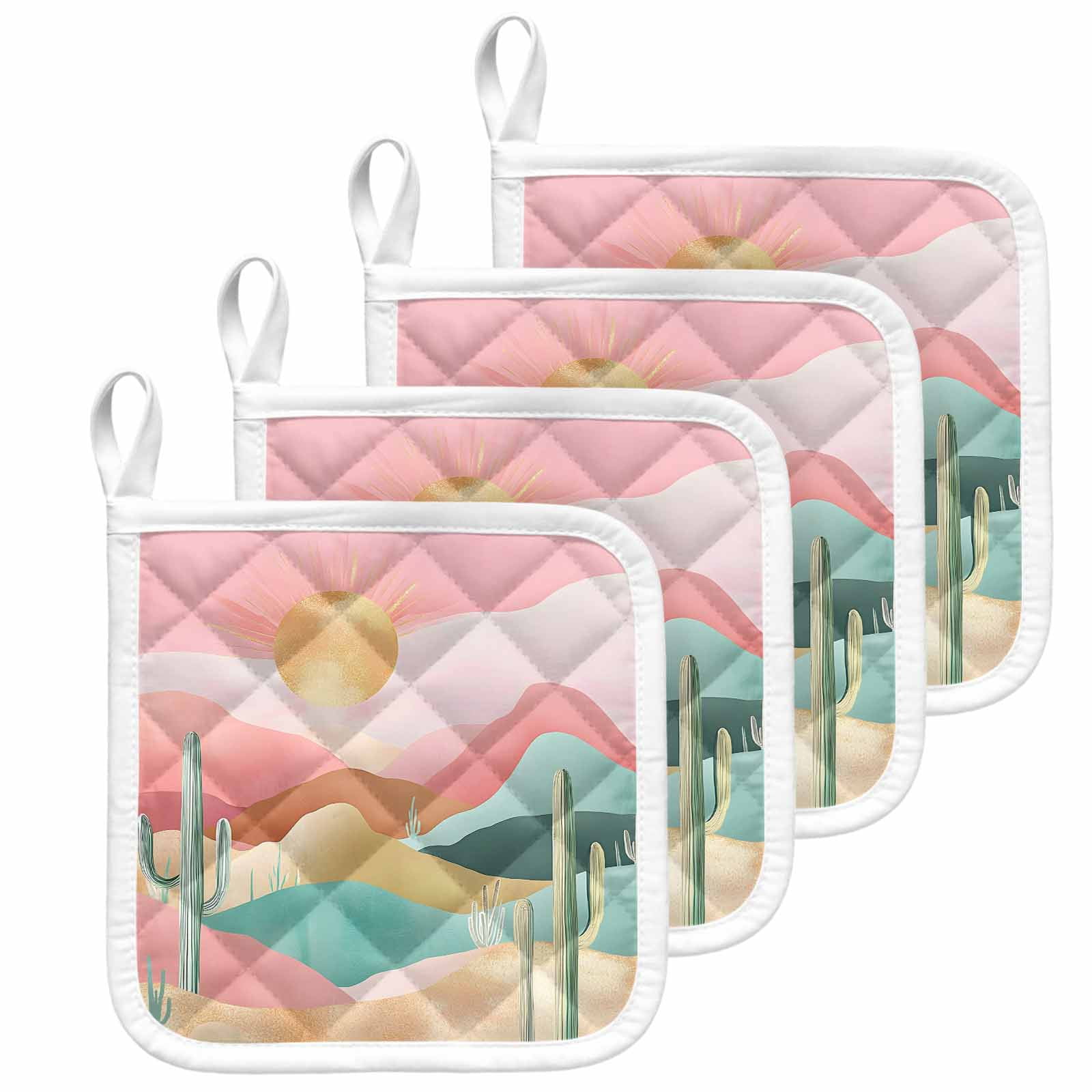 Southwest Boho Pot Holders for Kitchen Heatproof Potholder, 4 Pack Abstract Watercolor Cactus Mountain Hot Pads Multipurpose Oven Pads Cloth Potholders Trivet for Cooking and Baking