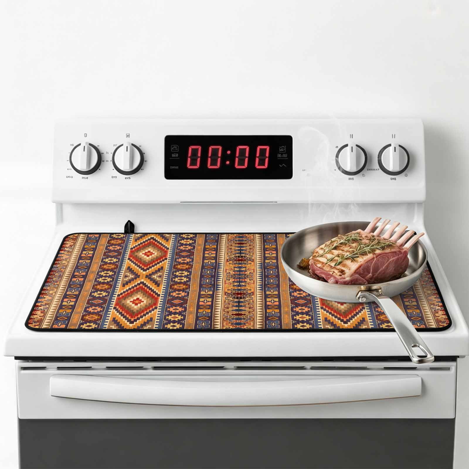 Southwest Boho Stove Top Cover for Electric Stove, Heat-proof & Non Slip Glass Top Stove Cover Protector, Retro Farmhouse Abstract Geometric Striped Kitchen Flat Cooktop Rubber Mat 24x21 Inches