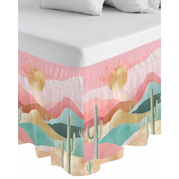 Southwest Boho Wrap Around Bed Skirts for California King Bed 18" Drop,Bed Skirt with Adjustable Elastic Belt Dust Ruffle Bed Valance for Bedroom Abstract Watercolor Cactus Mountain Bed Frame Cover