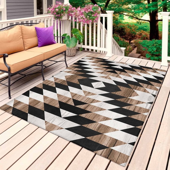 Southwest Brown Outdoor Rug for Patio/Deck/Porch, Non-Slip Large Area Rug 3 x 5 Ft, Geometric Farmhouse Aztec Tribal Indoor Outdoor Rugs Washable Area Rugs, Reversible Camping Rug Carpet Runner
