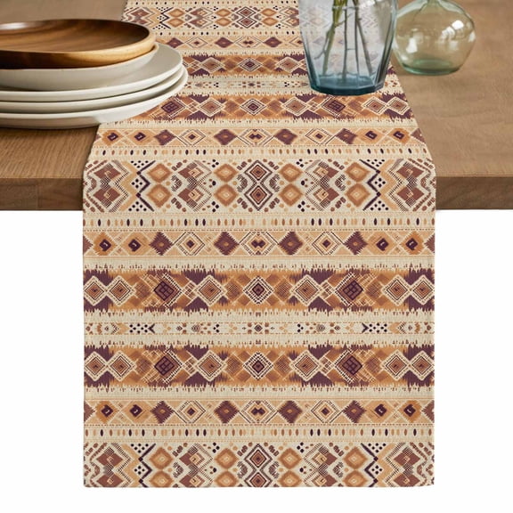 Southwest Brown Table Runner, Geometric Oriental Gradual Boho Tribal Washable Cotton Linen Table Runners 108 Inches Long, Dresser Scarf Runner for Dining/Living Room/Kitchen/Square Tables 13''x108''