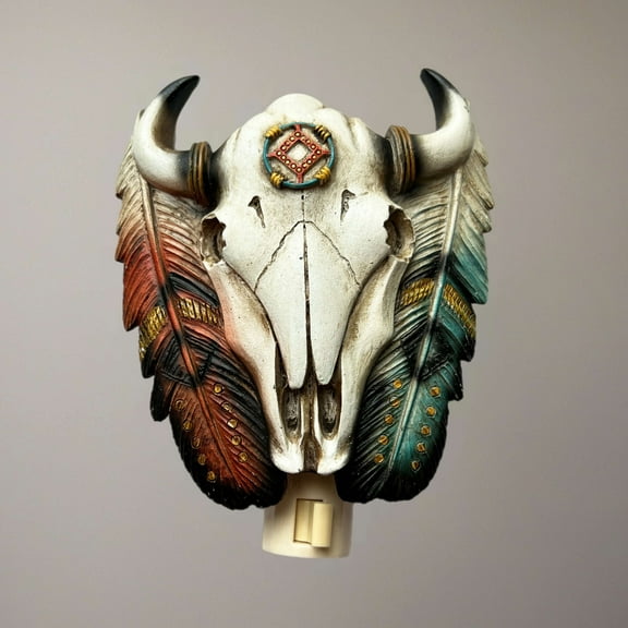 Southwest Bull Skull with Feathers Night Light Americana Style with Bulb