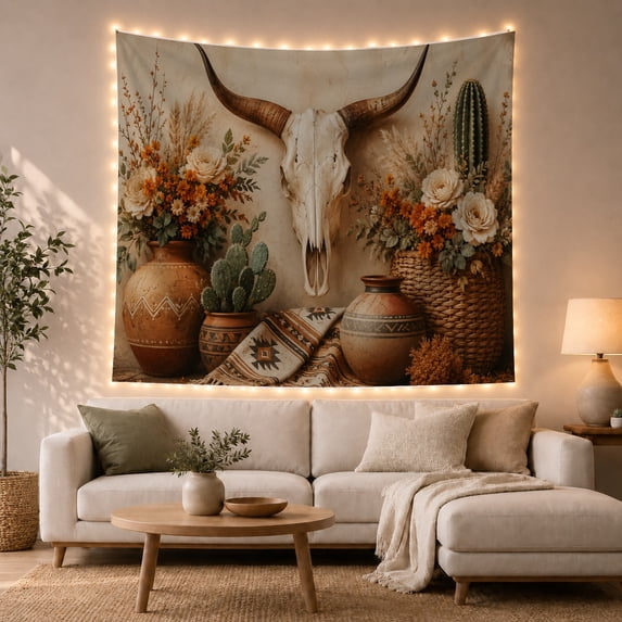 Southwest Bull Skull Flanked by Desert Flowers and Cactus, Serene Boho for Nature Lovers, Desert Home Decor, Housewarming Gift, Tapestry Wall Hanging for Living Room, Bedroom and Dorm