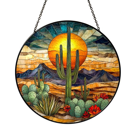Southwest Cactus Scene Stained Glass Style Suncatcher – Window Decor