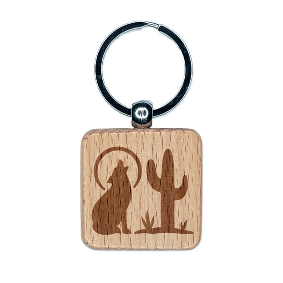 Southwest Coyote Cactus Moon Square Keychain Charm Tag - Engraved Wood