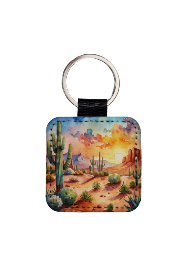 Southwest Desert Cactus Watercolor Faux Leather Square Keychain