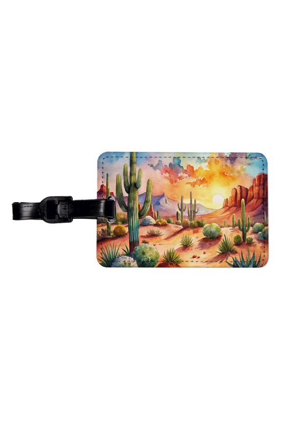 Southwest Desert Cactus Watercolor Faux Leather Travel Luggage Tag