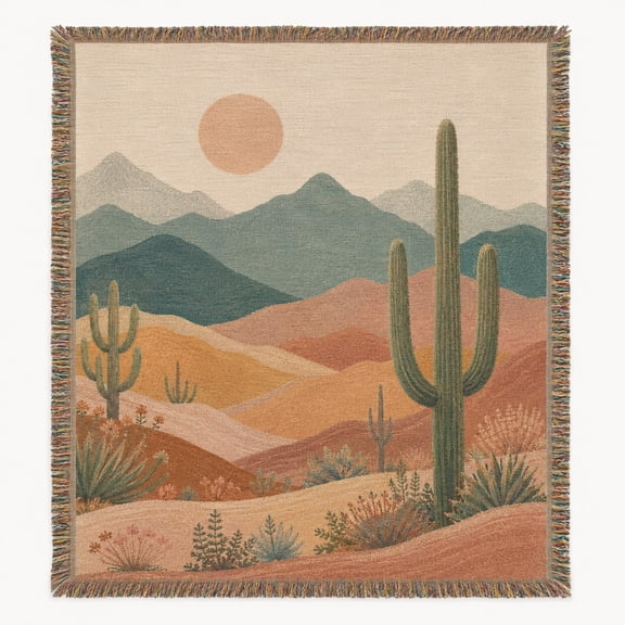 Southwest Desert Cactus Woven Throw Blanket – 100% Cotton Fringe Boho Sofa Throw, 3 Sizes