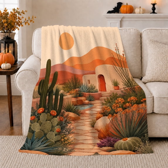 Southwest Desert Oasis Sunset Landscape, Peaceful Mountain Lake Scene, Warm Flannel Blanket for Cabin and Lodge, Outdoor Lovers Camping Gift, Celestial Home Decor