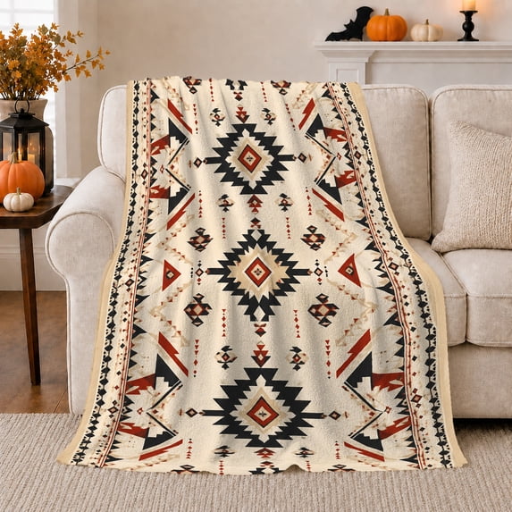 Southwest Diamond Geometric Stripes, Desert Tribal Style for Boho Rooms, Rust and Black Motif and Housewarming Gift, Cozy Flannel Blanket for Bedroom and Living Room, Home Decor