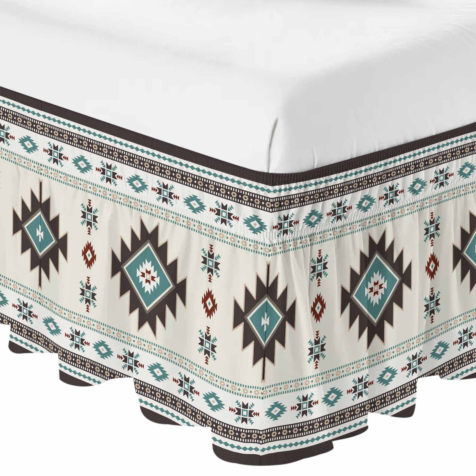 Southwest Ethnic Bed Skirt Cal King Size 18 Inch Drop, Adjustable & Elastic Wrap Around Bed Skirts Pleated Dust Ruffles For Twin Full Queen Cal King Base Beds, Boho Aztec Tribal Abstract Aesthetic
