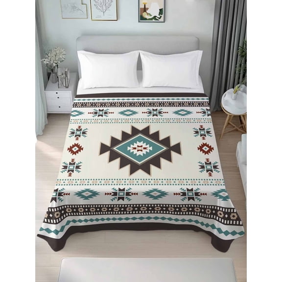 Southwest Ethnic Queen Size Flat Sheet, Wrinkleproof & Fadeproof Cooling Flat Bed Sheet Only, Boho Aztec Tribal Abstract Aesthetic Breathable Soft Bedding Top Sheets 90 x 102 Inches