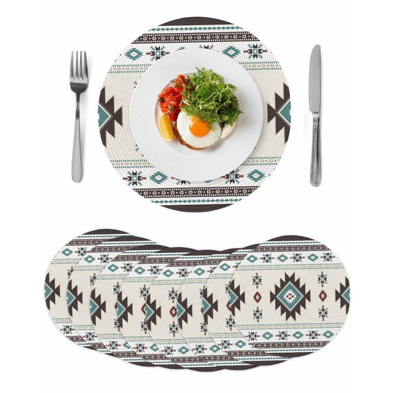 Southwest Ethnic Round 13 Inch Placemats Set of 8, Boho Aztec Tribal Abstract Aesthetic HeatResistant Non Slip Place Mats for Dining Table, Wipeable Braided Kitchen Table Mats for Housewarming