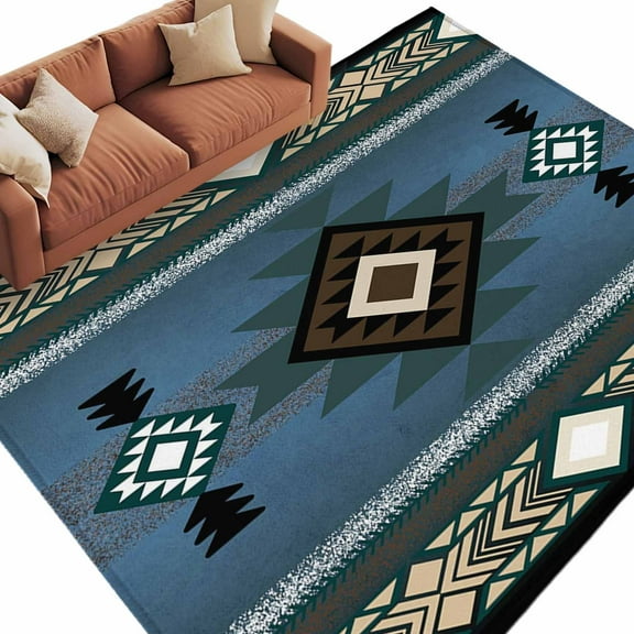 Southwest Ethnic Style Area&nbsp;Rug 5x8ft BlueTribe Retro Geometric Non-Slip&nbsp;Washable Square&nbsp;Rugs Soft Felt Indoor Floor Mat for Bedroom Kitchen Living Room Bathroom