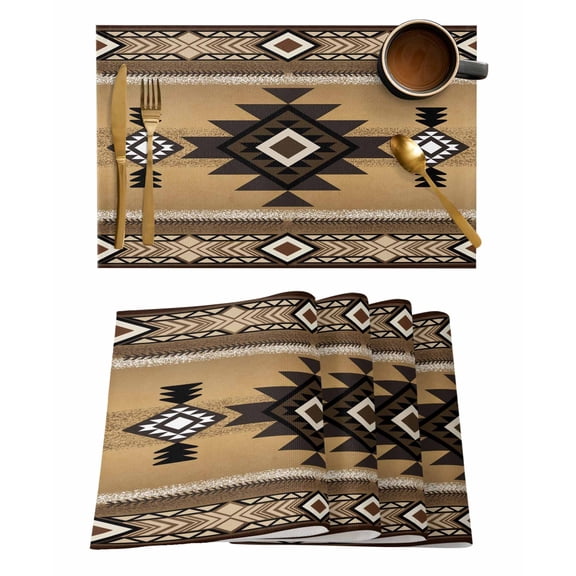 Southwest Ethnic Style Placemats Set of 4 Brown Tribe Retro Geometric Heat Insulation Washable Place Mats, Rustic Non-Slip Table Mats for Dining Table Party Kitchen Decor,13x19 Inch