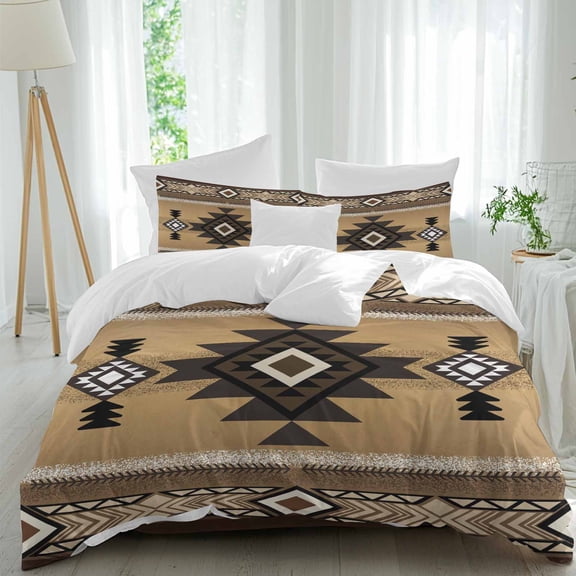 Southwest Ethnic Style Queen Size Comforter Set, Brown Tribe Retro Geometric Bedding for All Seasons, 4 Pcs Bed Set, 1Quiltcover (90"x92") ,1Sheet(94"x116"), 2Pillowcases (30"x20")