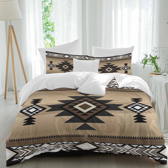 Southwest Ethnic Style Twin Size Comforter Set, Brown Tribe Retro Gradient Geometric Bedding for All Seasons, 4 Pcs Bed Set, 1 Quiltcover (68"x86") ,1Sheet(67"x116"), 2Pillowcases (30"x20")