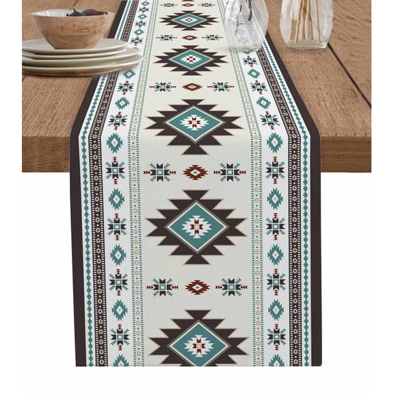 Southwest Ethnic Table Runner 48 Inches, Boho Aztec Tribal Abstract Aesthetic Bed Runner Dresser Scarves Tabletop for Indoor Outdoor Parties/Ceremony/Banquet, 13" x 48"