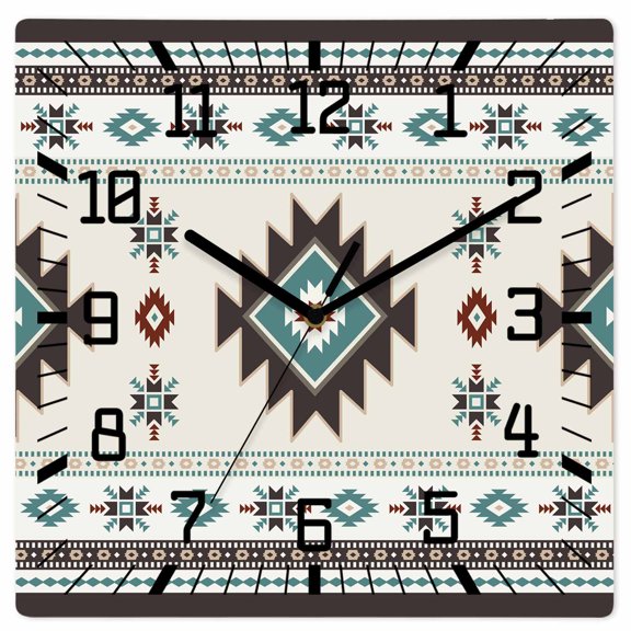Southwest Ethnic Wooden Wall Clock Silent Non Ticking, Boho Aztec Tribal Abstract Aesthetic Square Wall Clocks Battery Operated, Decor Clock for Home Office, Living Room, Kitchen, 12 Inch