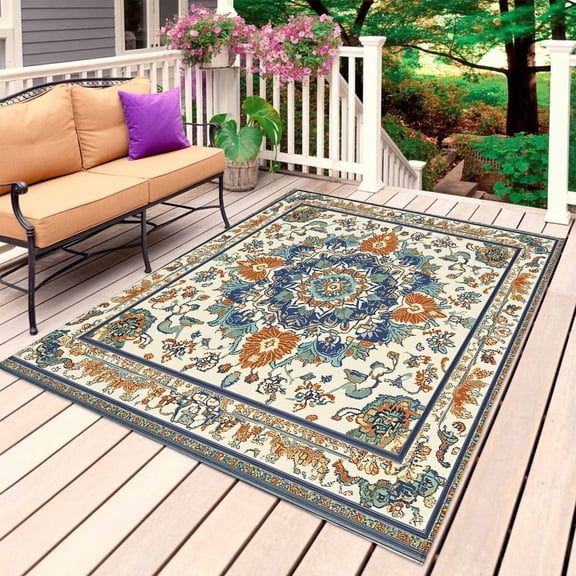 Southwest Farmhouse Outdoor Rug 5x7 Ft, Non Slip Washable Area Rug, Orange Blue Desert Bohemian Patio Rugs Carpet Runner, Large Floor Mat for Indoor/Outdoor Deck Porch Camping