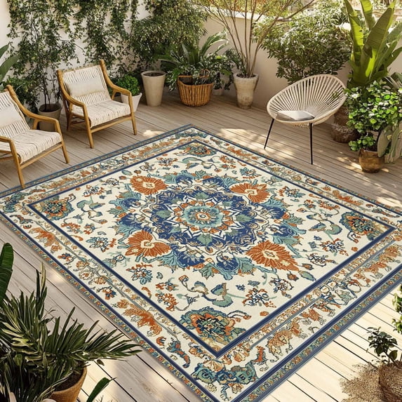 Southwest Farmhouse Outdoor Rug 5x8 Ft - Reversible Patio Rug Outdoor Camping Rugs, Orange Blue Desert Bohemian Washable Indoor Outdoor Area Rugs, Non-Slip Outdoor Carpet Runner for Deck/Porch