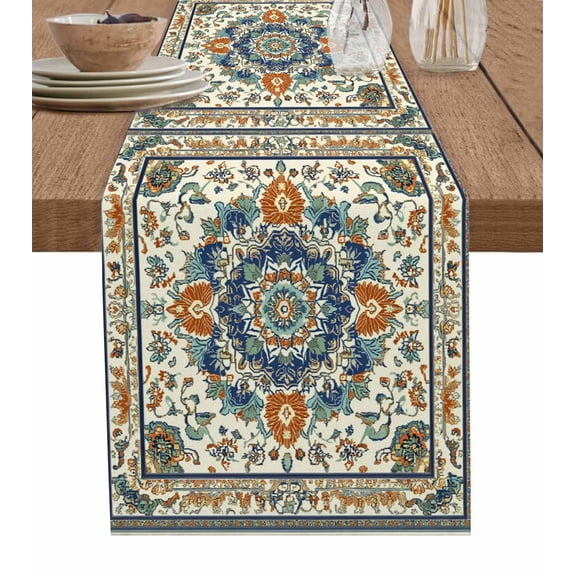 Southwest Farmhouse Table Runner 60 Inches, Orange Blue Desert Bohemian Bed Runner Dresser Scarves Tabletop for Indoor Outdoor Parties/Ceremony/Banquet, 13" x 60"