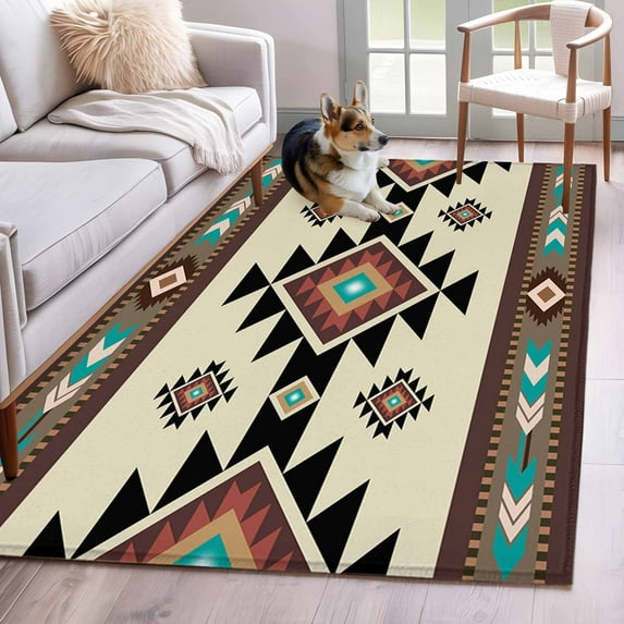 Southwest Geometric Area Rug 3x5 Washable Rug Non Slip Brown Mexican Aztec Boho Tribal Large Area Rug Indoor Floor Carpet for Entryway Bedroom Kitchen Living Room Home Office Dining Room Nursery