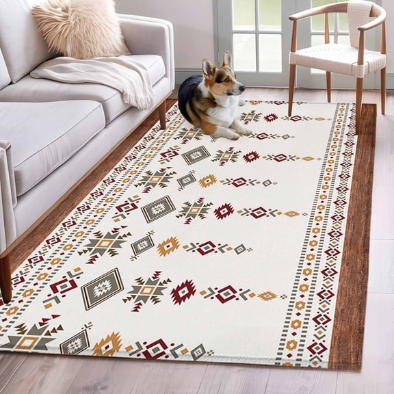 Southwest Geometric Area Rug 4x6 FT, Non Slip Kids Room Carpet, Western Boho Beige Grey Rustic Wooden Washable Soft Floor Carpet Non-Shedding Throw Rug for Dorm Kitchen Study Room Home Office Bedside