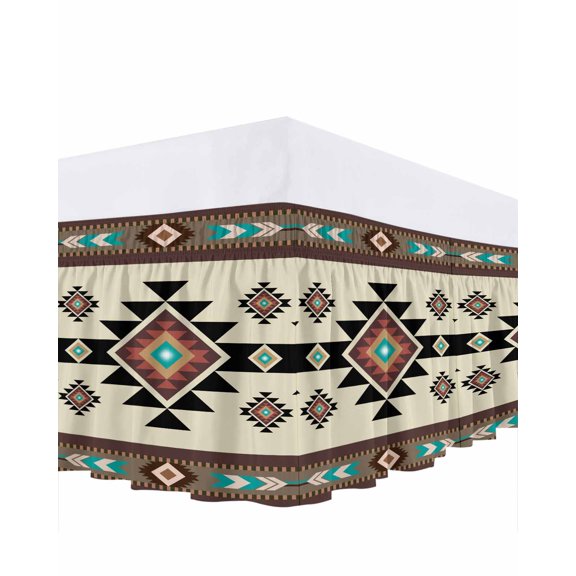 Southwest Geometric Bed Skirt Cal King Size, Brown Mexican Aztec Boho Tribal Wrap Around Bed Skirting with Adjustable Elastic Strap, Dust Ruffled Pleated Bedskirts 18 Inch Drop for Bedroom Beds