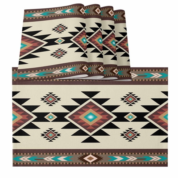 Southwest Geometric Brown Mexican Aztec Boho Tribal Burlap Kitchen Place Mats Waterproof Cloth Table Mats, Indoor Outdoor Placemats Easy Clean Dinner Decor