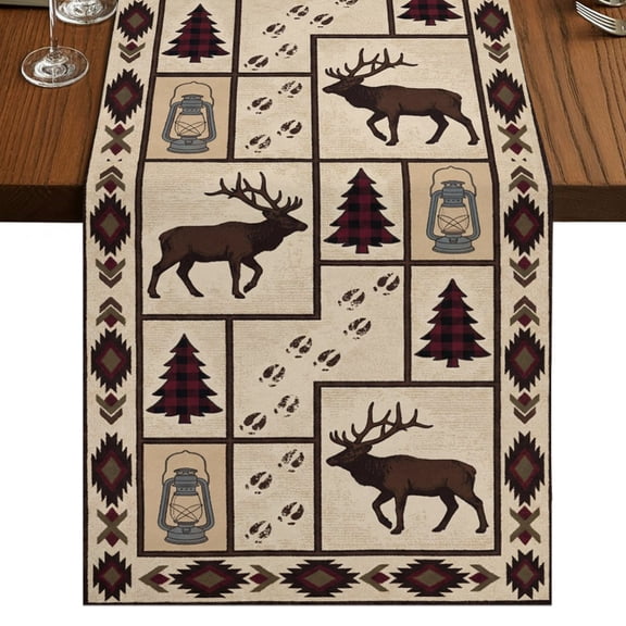 Southwest Geometric Burlap Cotton Table Runner 13x36 Inches Short, Retro Deer Pine Trees Farm Ethnic Farmhouse Table Runners, Outdoor Dining Table Decor for Baby Shower/Party/Wedding