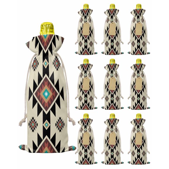 Southwest Geometric Burlap Wine Bags 10 PCS, Brown Mexican Boho Tribal Wine Gift Bags Bottle Covers with Drawstring for Holiday Party Wedding Birthday, Reusable Champagne Bottle Bag