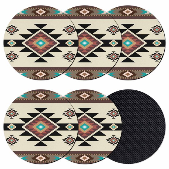 Southwest Geometric Coasters Set of 6, Soft Absorbent Coasters for Drinks, Brown Mexican Aztec Boho Tribal Non-Slip Cup Coaster Mat with Rubber Bottom for Home Kitchen Desk Coffee Bar Table Decor 4"