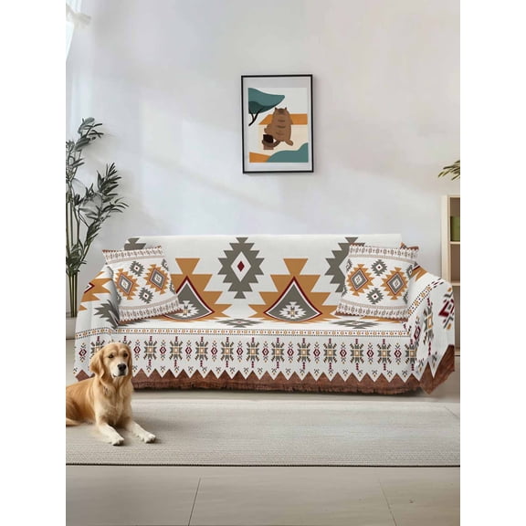Southwest Geometric Couch Cover, Western Beige Grey Boho Vintage Wooden Sofa Cover Blanket for Loveseat Couches, Sectional Sofa Slipcover Furniture Protector for Living Room Bedroom 71''x118''