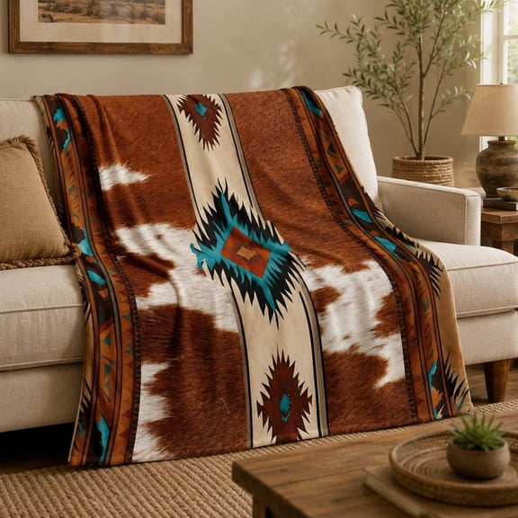 Southwest Geometric Cowhide Print Fleece Blanket – Turquoise Western Throw, 4 Sizes