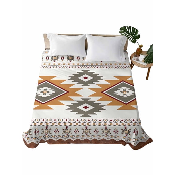 Southwest Geometric Flat Sheet Only Twin Size, Soft Breathable Bed Top Sheets for Mattress, Western Beige Grey Boho Vintage Wooden Luxury Bedding Flat Sheets for Home Hotel Bedroom Bed Protection