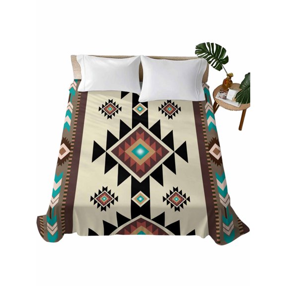 Southwest Geometric Flat Sheets Only Queen Size, Soft Breathable Bed Top Sheets for Mattress, Brown Mexican Aztec Boho Tribal Luxury Bedding Flat Sheets for Home Hotel Bedroom Bed Protection
