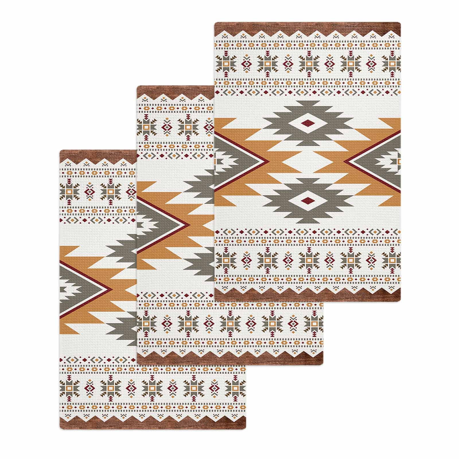 Southwest Geometric Hand Towels Set,Waffle Weave Kitchen Towels 3Pcs,Western Beige Grey Boho Vintage Wooden Microfiber Hair Face Bath Tea Towel Absorbent Quick Drying Cleaning Dish Cloths 15.7"x23.6"