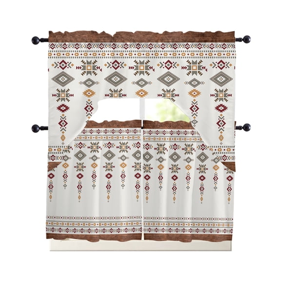 Southwest Geometric Kitchen Curtain and Valance Set 3 Pieces,Rod Pocket Short Tier Curtains 36 Inch Length,Western Boho Beige Grey Rustic Wooden Swag Topper Small Window Treatment for Cafe Bedroom