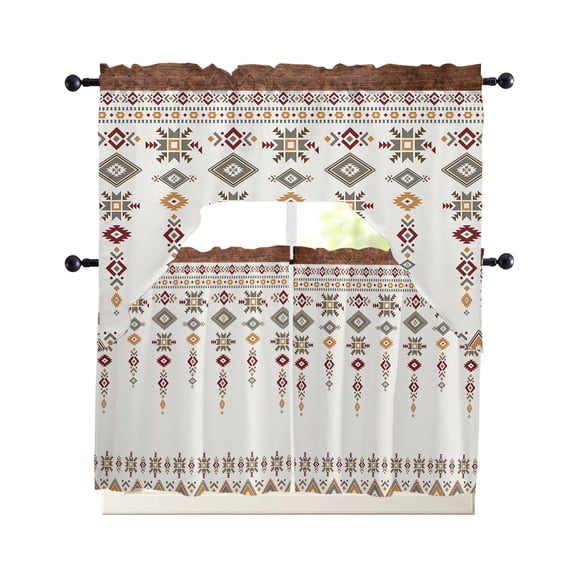 Southwest Geometric Kitchen Curtain and Valance Set 3 Pieces,Rod Pocket Short Tier Curtains 36 Inch Length,Western Boho Ethnic Beige Grey Wooden Swag Topper Small Window Treatment for Cafe Bedroom