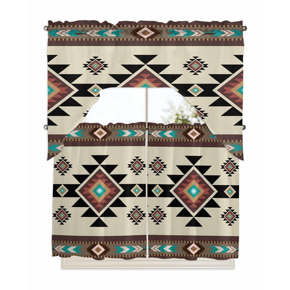Southwest Geometric Kitchen Curtains Swag Valance and Tier Curtains Set 36 Inch Length, Brown Mexican Aztec Boho Tribal Rod Pocket Drape Panels Pair Swag Curtains for Bathroom/Cafe/Window