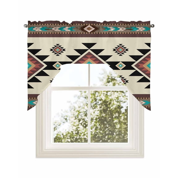Southwest Geometric Kitchen Swag Valance for Window,Rod Pocket Short Kitchen Curtains&nbsp;36 Inch Length,Brown Mexican Aztec Boho Tribal Swag Topper Small Window Treatment for Cafe Bathroom Bedroom