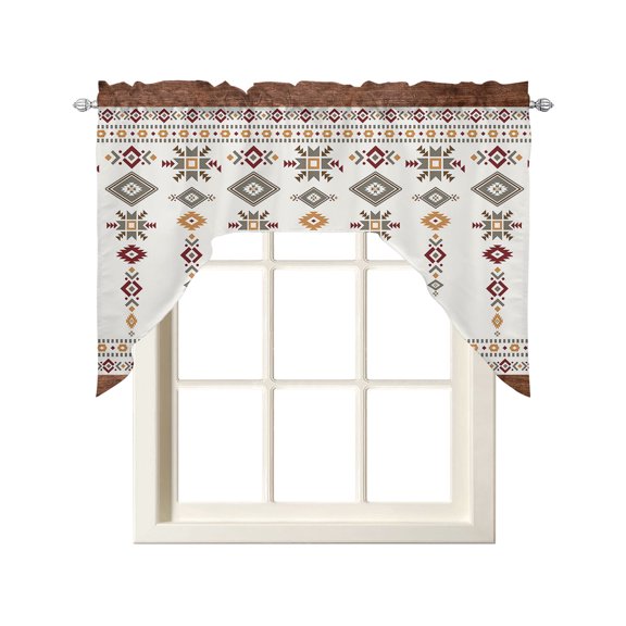 Southwest Geometric Kitchen Swag Valance for Window,Rod Pocket Short Kitchen Curtains 36 Inch Length,Western Boho Beige Grey Rustic Wooden Swag Topper Small Window Treatment for Cafe Bedroom
