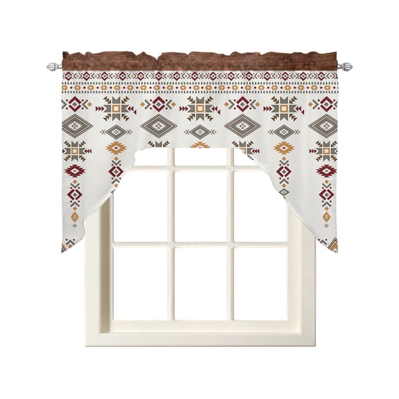 Southwest Geometric Kitchen Swag Valance for Window,Rod Pocket Short Kitchen Curtains 36 Inch Length,Western Boho Ethnic Beige Grey Wooden Swag Topper Small Window Treatment for Cafe Bedroom