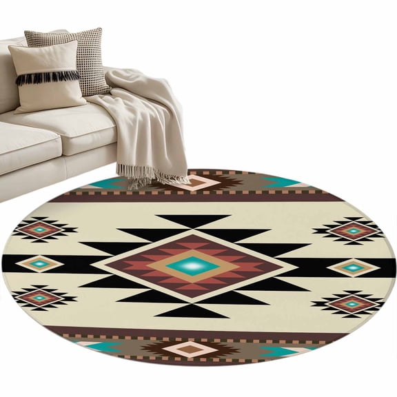 Southwest Geometric Large Area Rugs for Bedroom Living Room, Soft Non Slip Carpet Bedside Rug, Brown Mexican Aztec Boho Tribal Round Floor Cover Kitchen Accent Rug 3' for Dining Room/Office
